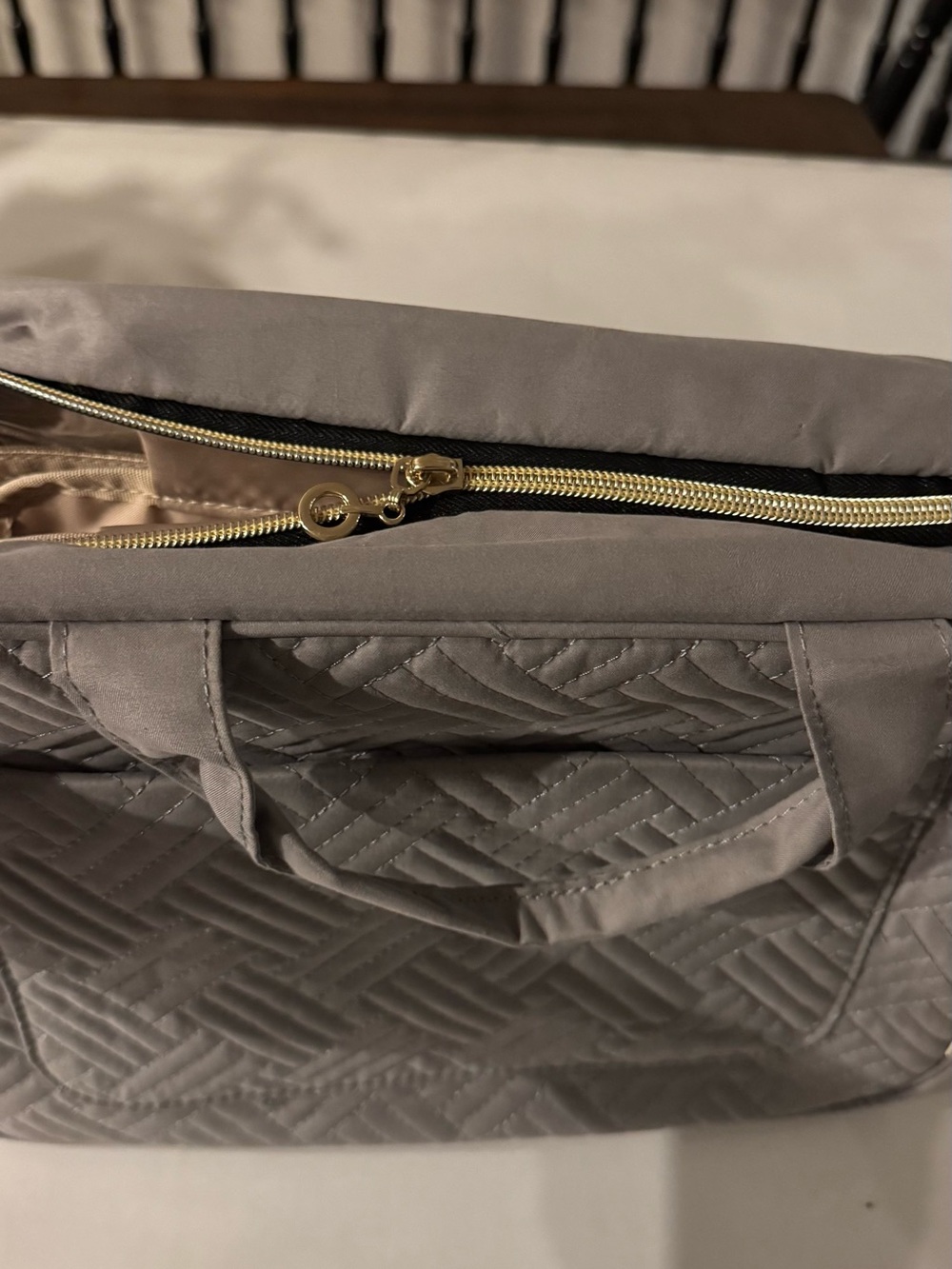 Quilted Gray Cosmetic Travel Bag with Gold Zipper